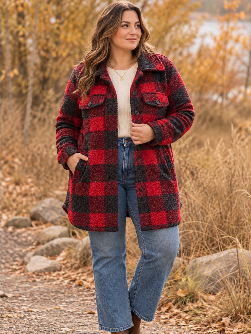 Joe Fresh Red Black Buffalo Plaid Textured Knit Shacket Jacket Oversized